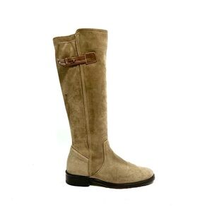 Vintage 1990s women’s tan suede zip up knee high fleece line buckle riding boots